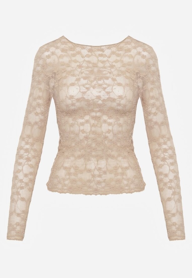 Beżowa Bluzka Koronkowa z Transparentnego Materiału Hermatea