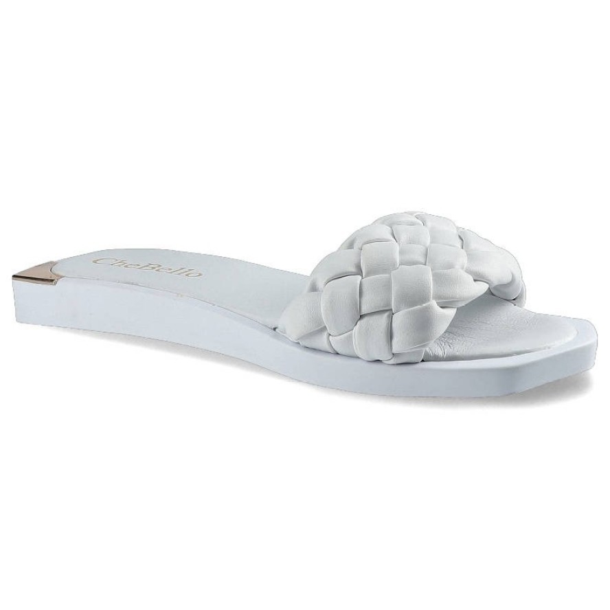 Klapki damskie Chebello, naturalna skóra licowa z szerokim plecionym paskiem wsuwaną konstrukcją oraz płaską lekką podeszwą, białe, 2609-364-PSK