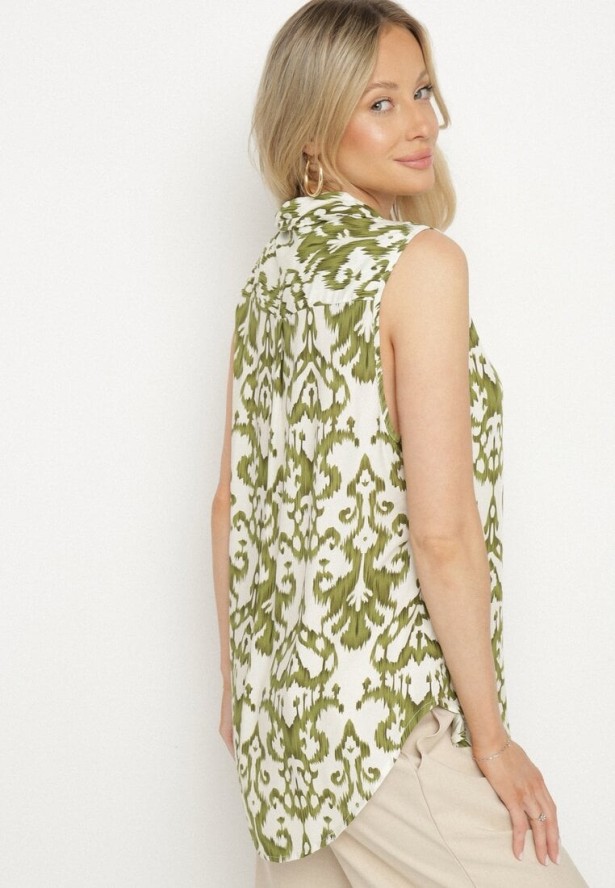 Zielona Bawełniana Koszula Bez Rękawów w Ornamentalny Wzór Jenalea