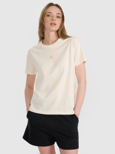 4F T-shirt oversize z nadrukiem damski - beżowy S