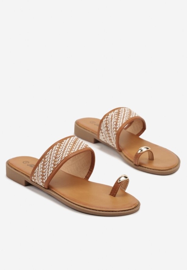 Brązowe Klapki Japonki z Plecionką i Metaliczną Ozdobą Doreine