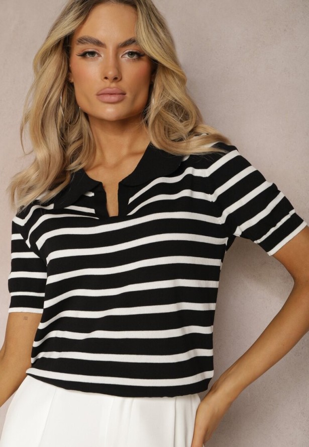 Czarna Bluzka Polo z Wiskozy w Paski Ozdobiona Kołnierzykiem Aromise
