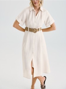 Sukienka midi z dodatkiem lnu - beżowy