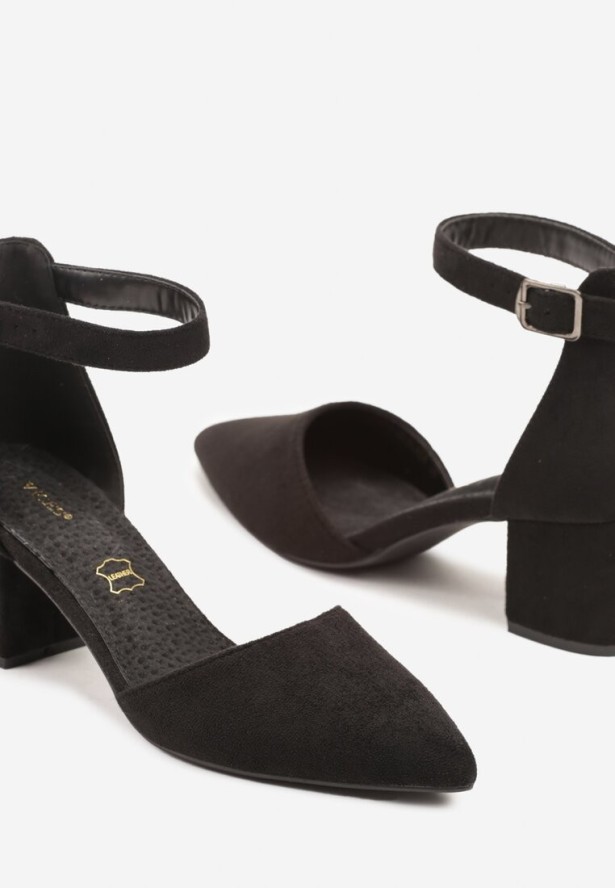 Czarne Czółenka na Obcasie Vices ze Skórzaną Wkładką i Ozdobnym Paskiem Nurisella