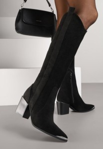 Czarne Kozaki Kowbojki z Imitacji Zamszu na Słupku z Metalicznym Noskiem Freija