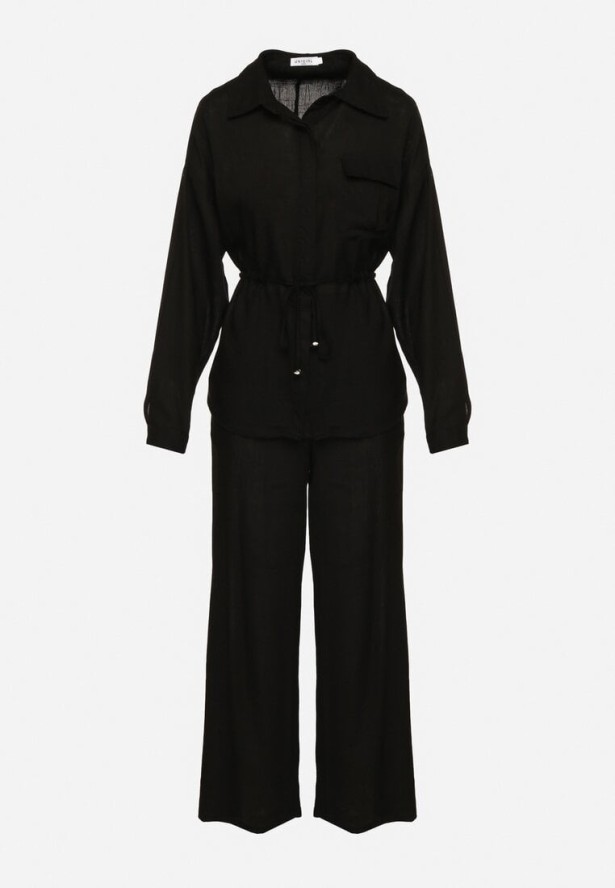 Czarny Komplet z Wiskozą Koszula Ściągana w Talii i Szerokie Spodnie Divellara