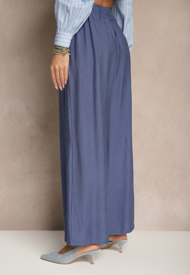 Granatowe Spodnie o Szerokim Kroju High Waist z Wiązaniem Fenalin