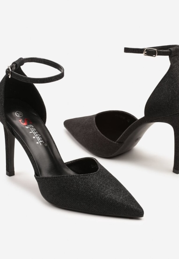 Czarne Szpilki Zdobione Brokatem z Noskiem w Szpic i Paskiem z Klamerką Celidaniel