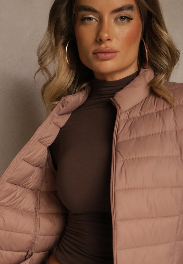 Beżowa Casualowa Kurtka Ozdobiona Pikowaniem Nelionea