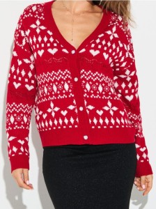 Świąteczny kardigan z sercami i zimowym deseniem - wielobarwny