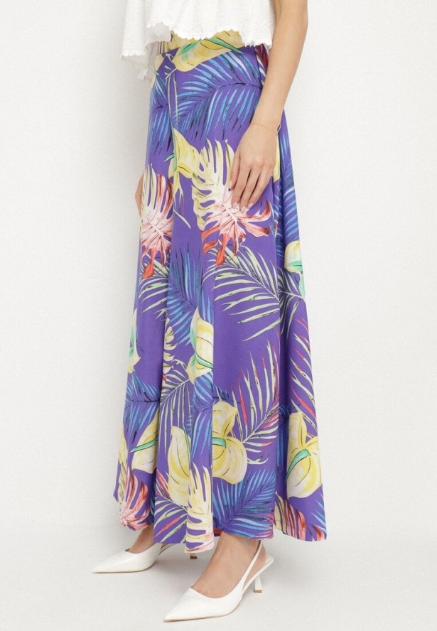 Niebieskie Szerokie Wiskozowe Spodnie z Wysokim Stanem w Liście Senithiela