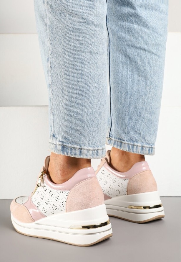 Różowe Sneakersy na Ukrytym Koturnie z Ozdobnym Suwakiem i Ażurowym Wzorem Reladia