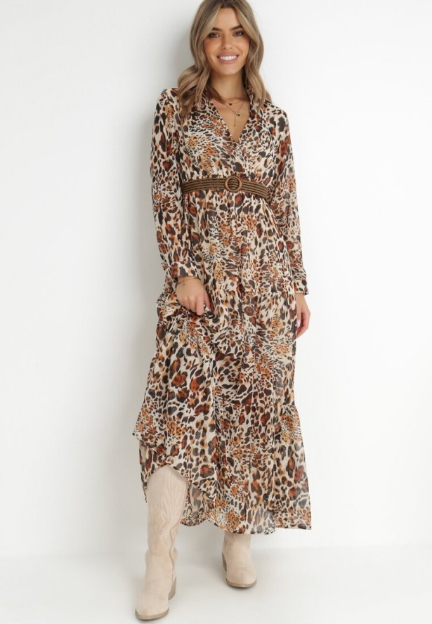 Brązowo-Beżowa Sukienka Z Paskiem Phaenala