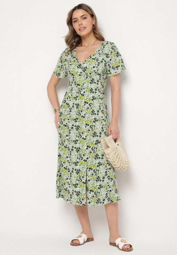 Zielona Rozkloszowana Sukienka z Wiskozy z Dekoltem w Serek Zapinana na Guziki Neliae