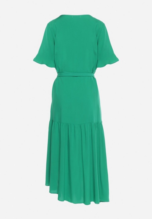 Ciemnozielona Sukienka Pudełkowa z Materiałowym Paskiem i Falbanką Dimovas