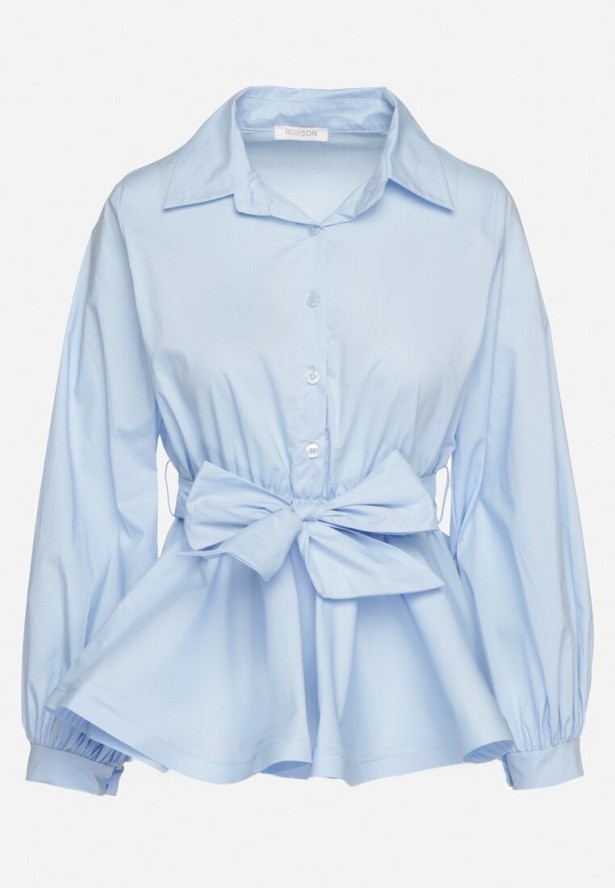 Niebieska Koszula z Gumką w Talii z Materiałowym Paskiem Lanothia