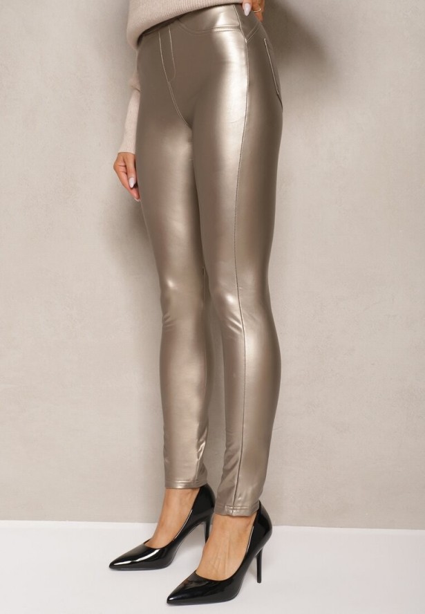 Złote Legginsy z Imitacji Skóry High Waist Noriel