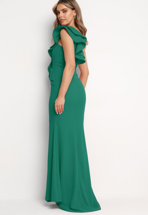 Zielona Koktajlowa Sukienka na Jedno Ramię Ozdobiona Falbaną z Rozcięciem Acnelia