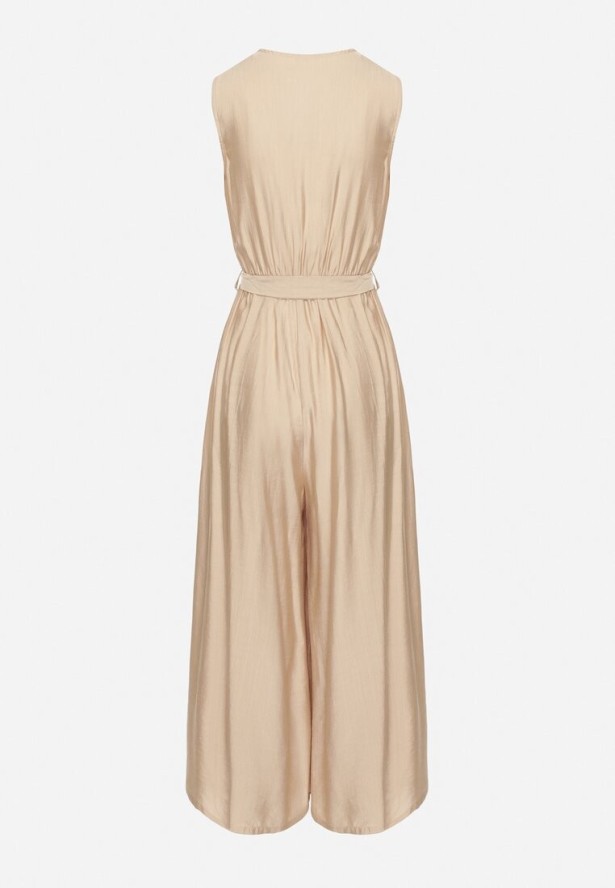 Beżowy Taliowany Kombinezon z Wiskozą i Paskiem Evithrae