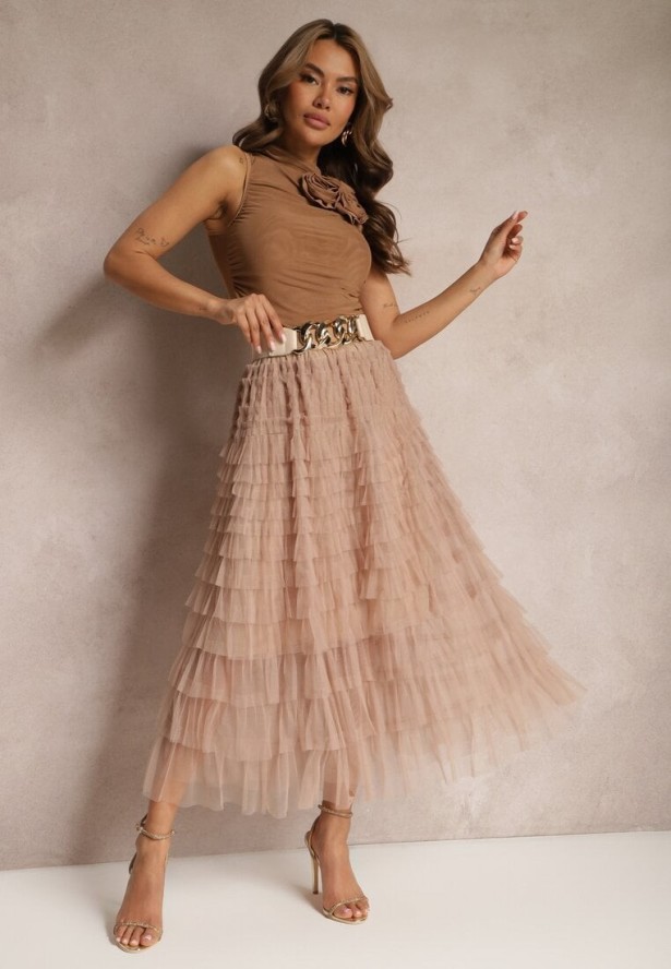 Ciemnobeżowa Tiulowa Spódnica Maxi z Gumką w Pasie i Falbankami Mahlia