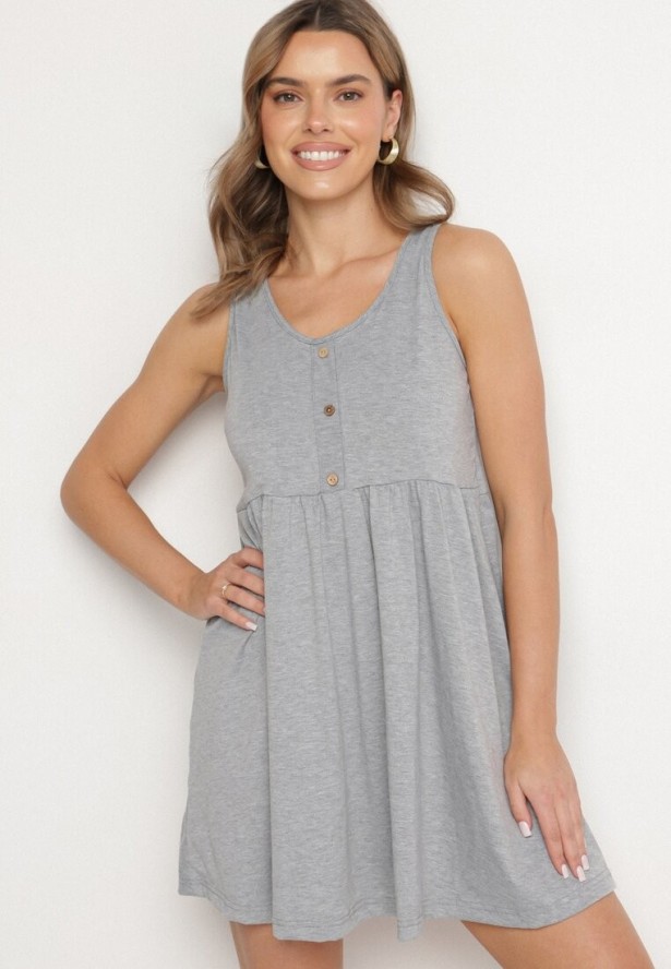 Jasnoszara Sukienka o Rozkloszowanym Kroju na Szerokich Ramiączkach z Guzikami Jenovira