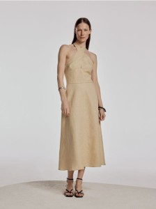 Lniana sukienka z wiązaniem - beżowy