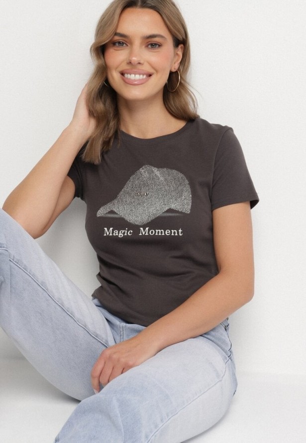 Ciemnoszary T-shirt z Bawełny z Nadrukiem Czapki i Cyrkoniami Penilna