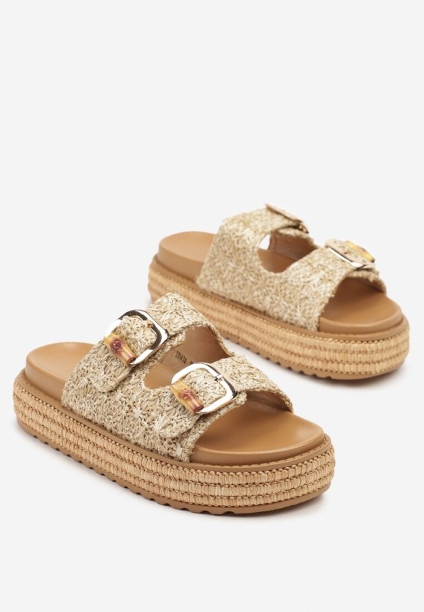 Beżowe Klapki na Platformie z Plecionki z Paskami z Klamrami Sonadwen