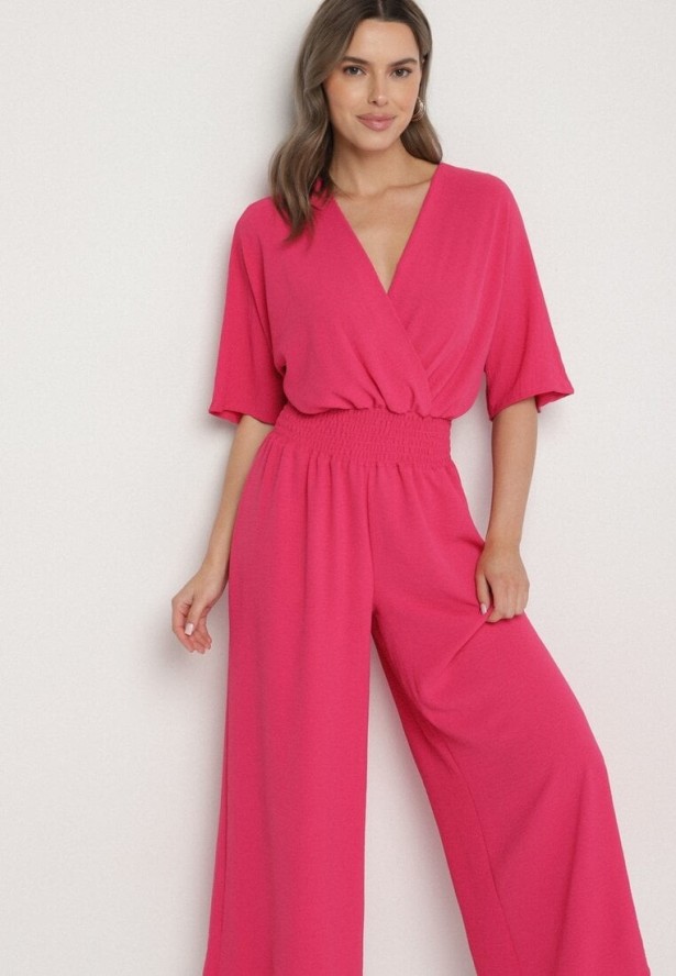 Fuksjowy Kopertowy Kombinezon z Gumką w Talii i Szerokimi Nogawkami Vimashea
