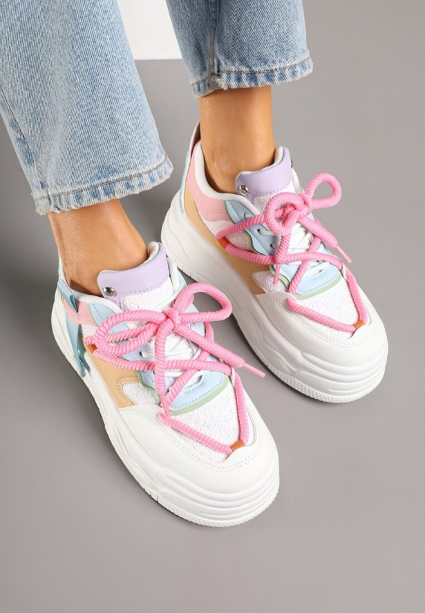 Biało-Różowe Sneakersy w Streetwearowym Stylu na Tłoczonej Platformie z Brokatem Mailienne