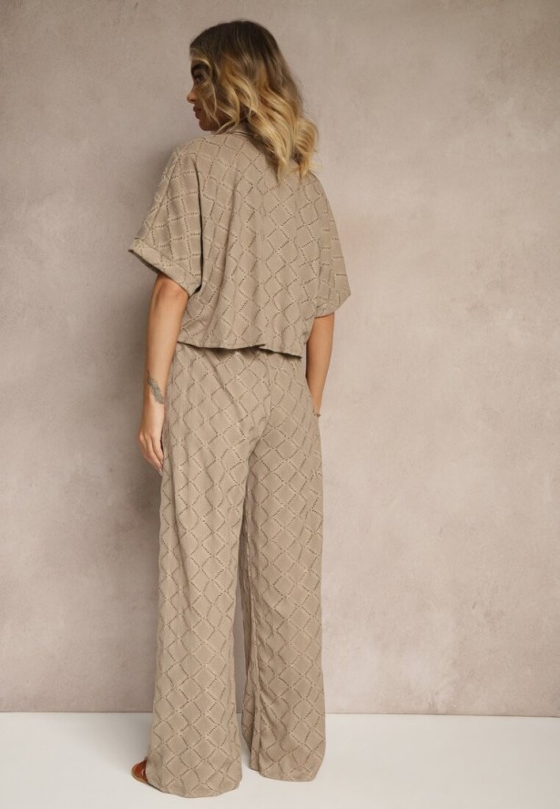 Jasnobrązowy Komplet o Ażurowym Wykończeniu Koszula i Długie Spodnie z Gumką w Pasie Bemvia