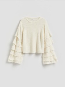 Sweter z ozdobnymi rękawami - kremowy