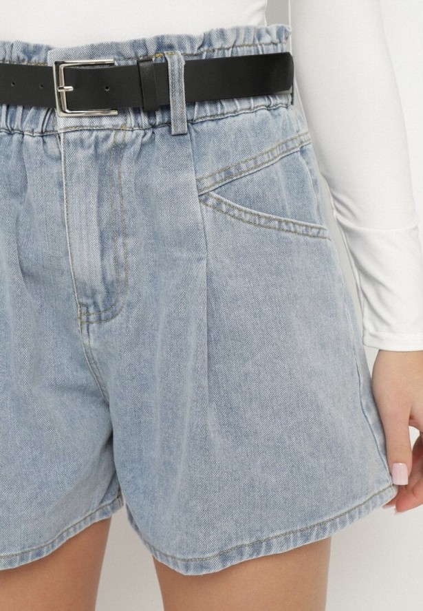 Jasnoniebieskie Szorty Jeansowe z Ozdobnymi Przeszyciami Gumką w Talii i Paskiem Alariana