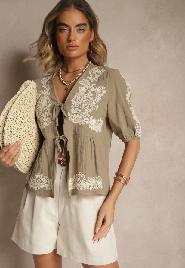 Zielona Wiązana Bluzka z Bawełny z Ozdobnym Haftem Novienira