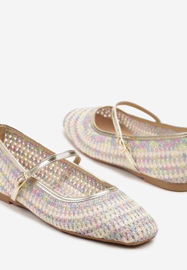 Beżowo-Różowe Balerinki w Stylu Mary Jane z Metaliczną Nicią Ilisalla