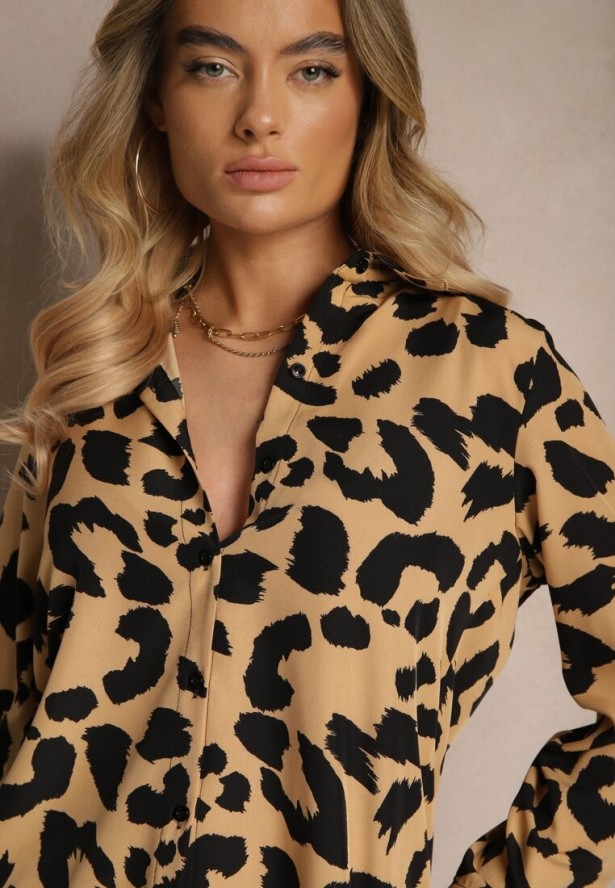 Ciemnobeżowa Koszula z Dodatkiem Bawełny w Cętki Efamara