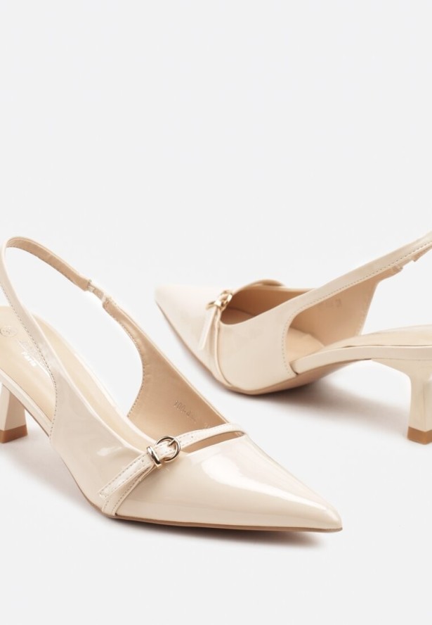 Jasnobeżowe Lakierowane Sandały na Kaczuszce z Noskiem w Szpic Amizu
