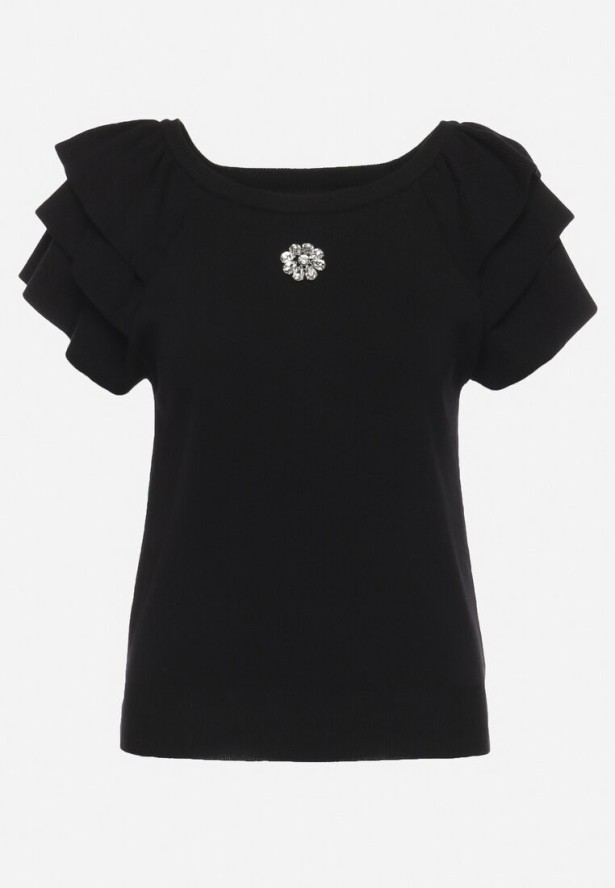 Czarna Bluzka z Falbankowymi Rękawami i Broszką z Cyrkonii Julietts