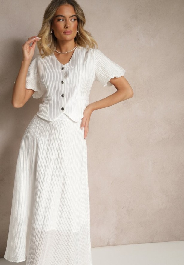 Biały Komplet z Wiskozy Koszula i Spódnica o Rozkloszowanym Kroju Nanorela