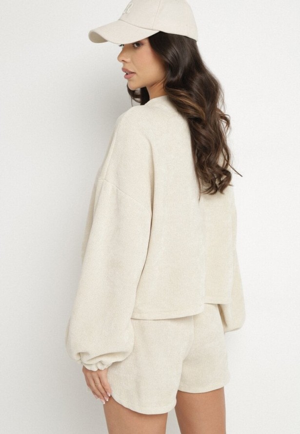 Beżowy Dzianinowy Komplet Bluza i Szorty Novanisa