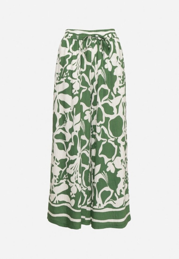 Zielone Szerokie Spodnie z Wysokim Stanem w Kwiatowy Wzór Tolirida