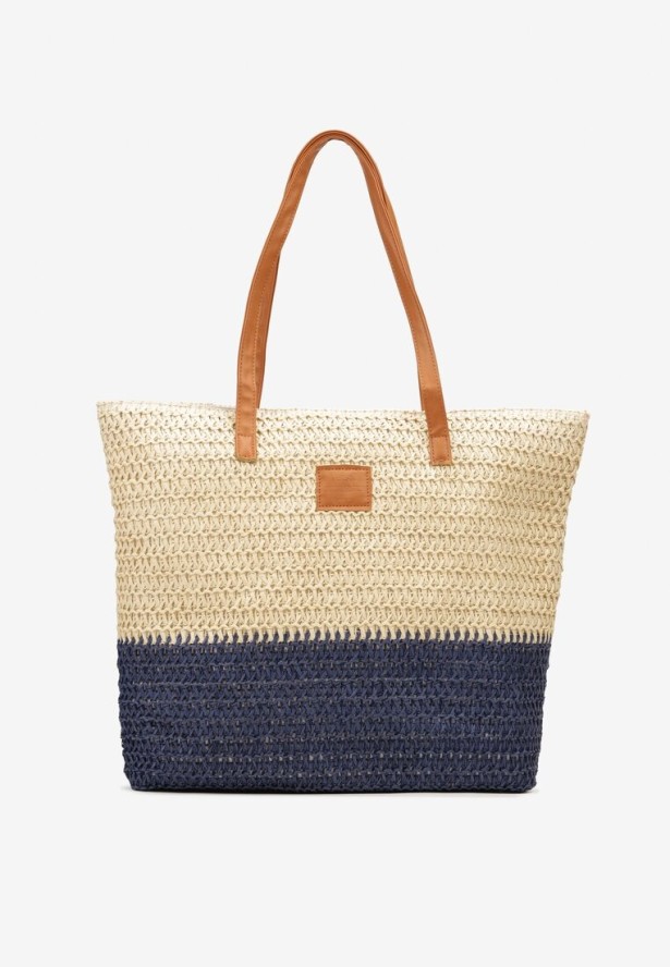 Beżowo-Granatowa Torebka Boho z Papierowej Plecionki o Fasonie Tote na Suwak Jabba