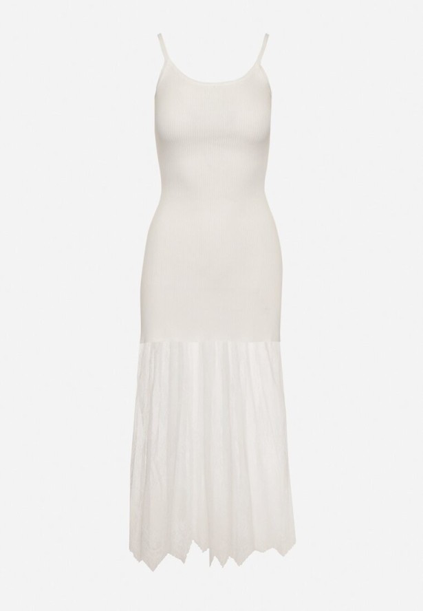 Biała Prążkowana Sukienka Koktajlowa Ozdobiona Koronką Sonalitea