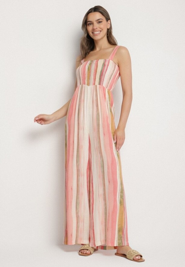 Różowy Kombinezon z Wiskozy na Ramiączkach z Szerokimi Nogawkami Efralina