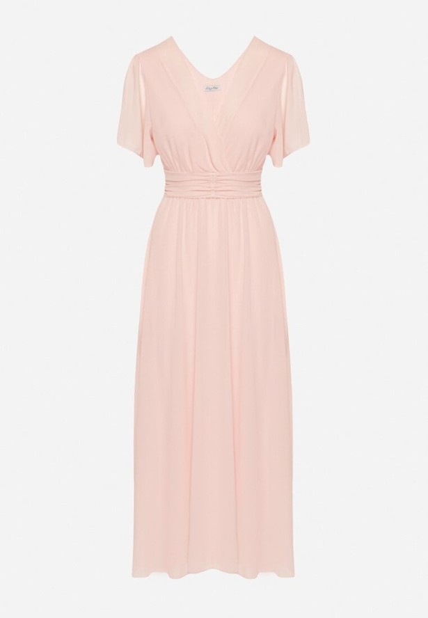 Jasnoróżowa Kopertowa Sukienka Maxi z Gumką w Pasie Narlin