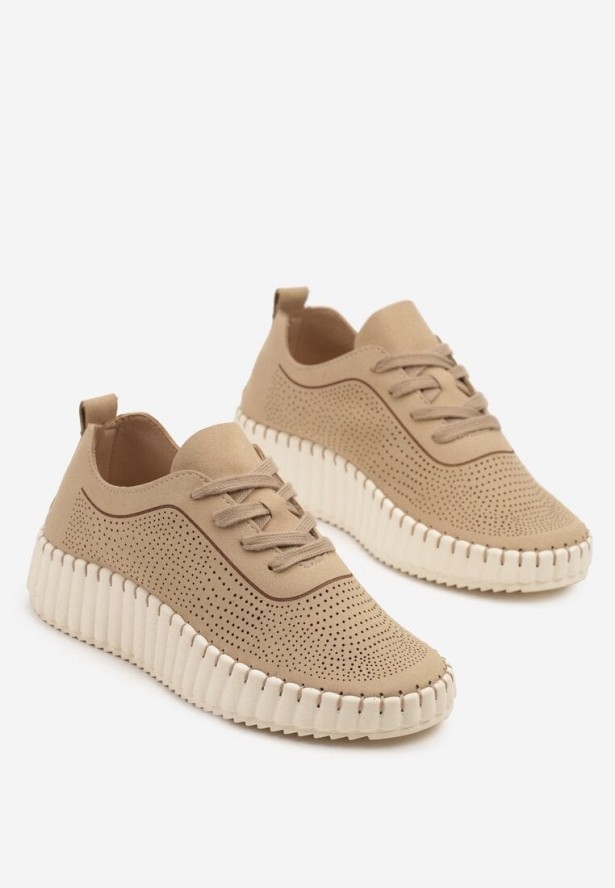 Beżowe Sneakersy na Tłoczonej Platformie z Ażurową Cholewką Ronfira