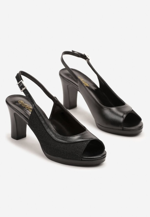 Czarne Brokatowe Sandały na Słupku Udivaria