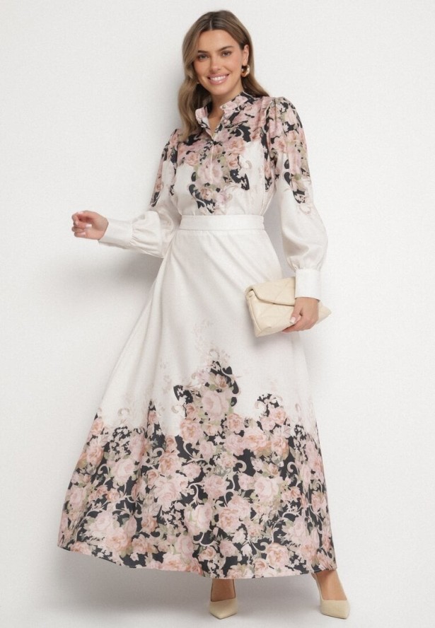 Beżowy Wiskozowy Komplet w Kwiatowy Wzór Koszula i Rozkloszowana Spódnica Belinoris