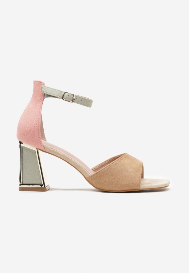 Brązowo-Różowe Sandały z Ekoskóry na Słupku z Metalicznym Wykończeniem Zapinane przy Kostce Dannesia