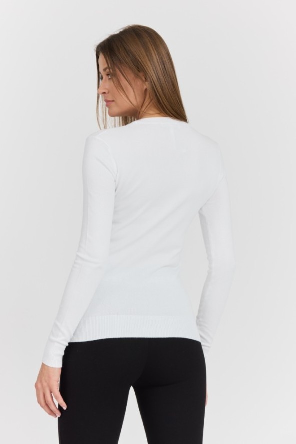 GUESS Biały damski sweter Rylie Triangle z dużym logo, Rozmiar L